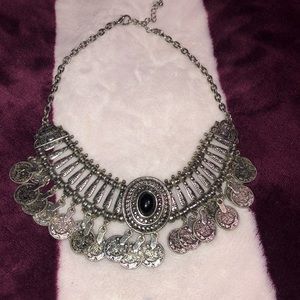Edgy silver choker w/ black gem and silver”coins”